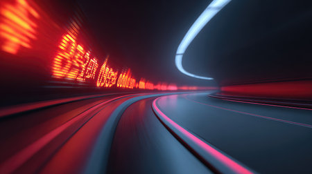 A captivating abstract composition highlighting motion blur and illuminated digital text within a futuristic tunnel, emphasizing technology and vibrant colors.の素材