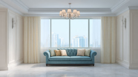 A stylish living room featuring a soft blue couch, elegant decor, and large windows allowing natural light, creating a bright and airy atmosphere with an urban view.の素材
