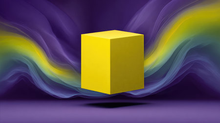 Colorful abstract artwork featuring a vibrant yellow cube amidst dynamic swirling waves on a purple background, perfect for creative and modern design projects.の素材