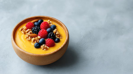 Enjoy this vibrant smoothie bowl topped with mixed berries and nuts, perfect for a nutritious breakfast or snack, beautifully styled in a rustic wooden dish.の素材