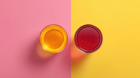 Two vibrant drinks in clear glasses sit on a bold pink and yellow background, creating a striking visual contrast perfect for beverage photography and summer themes.の素材