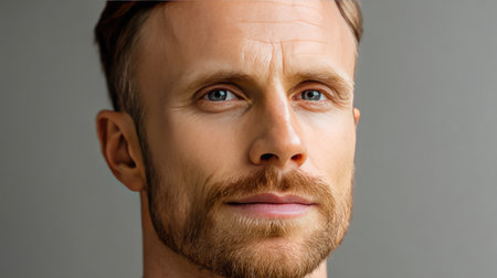 This striking close-up portrait showcases a confident man with a well-groomed beard, succinctly capturing his charm and strength against a soft, neutral background.の素材