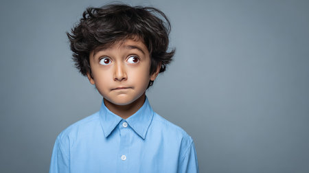 A young boy displays a curious and thoughtful expression while wearing a light blue shirt, set against a gray background, evoking childhood innocence and wonder.の素材
