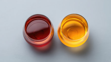 Two elegant round glass bowls holding vibrant red and yellow liquid create a visually striking composition, perfect for food and beverage concepts or creative projects.の素材