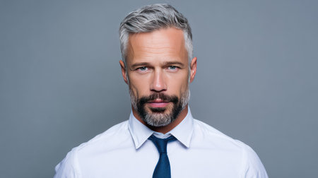 A striking portrait of a confident middle-aged man with silver hair and a beard, dressed in formal attire, radiating professionalism and self-assurance in a minimalist setting.の素材