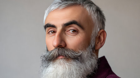 A close-up portrait of a mature man with a thick mustache and stylish gray beard, radiating confidence and sophistication against a soft, neutral background. Perfect for lifestyle themes.の素材