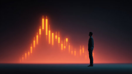 A lone figure contemplates a vibrant stock market chart, symbolizing the intersection of human decision-making and financial trends, set against a dramatic background.の素材
