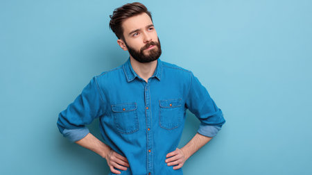 A young man with a beard poses thoughtfully in a blue denim shirt against a pastel blue background, radiating a laid-back yet modern vibe suitable for lifestyle themes.の素材