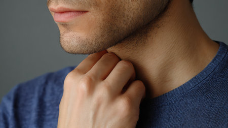 A thoughtful young man in a close-up view gently touches his neck, capturing a moment of introspection and care, showcasing natural beauty in soft lighting.の素材