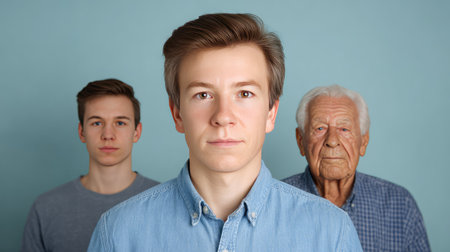 A captivating portrait capturing three generations of men, showcasing the strong bond of family through ages against a serene light blue backdrop.の素材