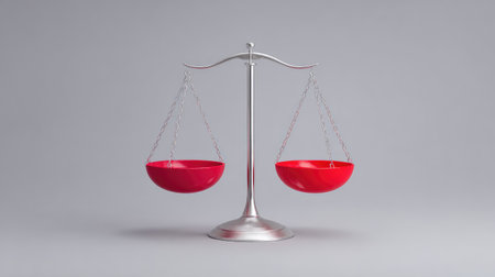 A sleek silver balance scale with vibrant red bowls sits against a neutral gray background, symbolizing themes of justice, fairness, and decision-making in various contexts.の素材