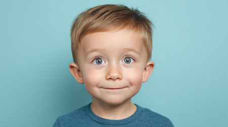 A cheerful young boy with short blonde hair smiles brightly, capturing the essence of joy and innocence against a vibrant turquoise background. Perfect for family themes.の素材