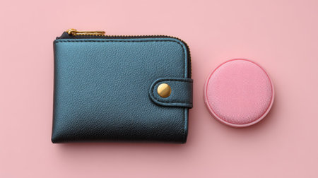 A beautifully crafted blue leather wallet sits beside a round pink case on a pastel pink background, perfect for showcasing fashionable accessories in modern lifestyle imagery.の素材