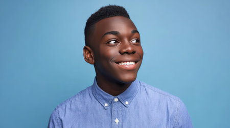 A cheerful young man radiates happiness while posing against a smooth blue backdrop. His confident smile and bright eyes create a lively and positive atmosphere.の素材