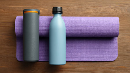 A yoga mat complemented by a stylish water bottle and a thermos, perfect for enhancing your workout sessions while promoting hydration and wellness in a serene setting.の素材