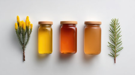 Aesthetic display of glass jars containing vibrant syrups alongside fresh botanicals, perfect for showcasing the beauty of nature and culinary arts.の素材