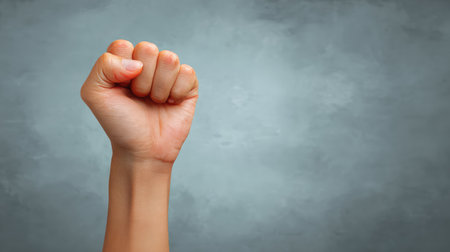 This image captures a powerful raised fist symbolizing strength and resistance, set against a textured gray background, ideal for artistic, political, or social themes.の素材