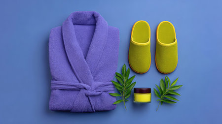 A vibrant flat lay featuring a cozy purple bathrobe, bright yellow slippers, skincare cream, and fresh green leaves on a soft blue background, perfect for spa and relaxation themes.の素材