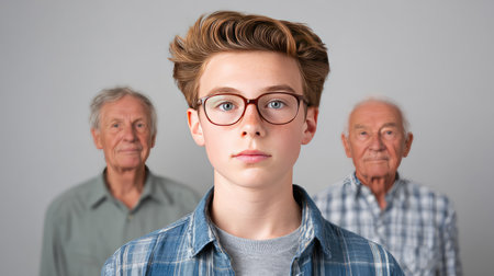 A young boy stands confidently in the foreground, flanked by two elderly men, symbolizing the bond and contrast between youth and older generations.の素材