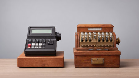 Explore the striking contrast between a vintage cash register and a modern calculator, reflecting the evolution of financial tools in a sleek wooden setting.の素材