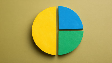 This image features a colorful pie chart with segments in yellow, blue, and green against a minimalist background, perfect for themes of data visualization and creative presentations.の素材