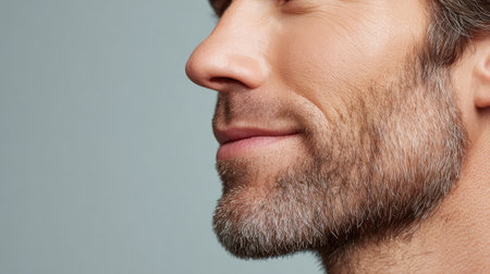 This close-up profile image of a man showcases his neatly groomed beard and short hair, emphasizing his facial features and serene expression against a soft background.の素材