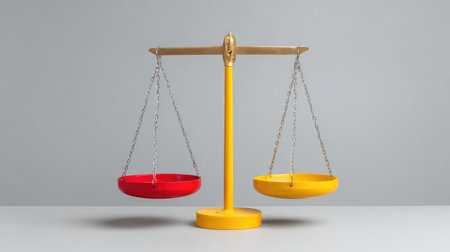 Colorful scales of justice featuring red and yellow bowls showcase a modern interpretation of balance and fairness against a clean gray backdrop for a striking visual appeal.の素材