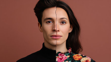 Captivating split portrait showcasing a young person's face, illustrating contrasting styles and expressions, perfect for concepts of identity and individuality in contemporary art.の素材