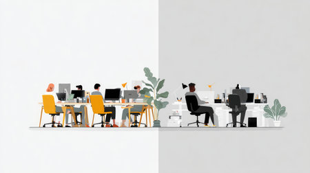 Bright and minimalist illustration showcasing a modern office with diverse professionals collaborating, highlighting productivity and creativity in a dynamic workspace environment.の素材