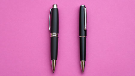 This image features two stylish black pens with silver accents on a bright pink background, ideal for use in promotional materials or creative office concepts.の素材