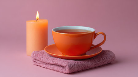 A serene still life composition featuring an orange tea cup on a soft towel beside a candle, creating a warm and inviting atmosphere for relaxation and mindfulness.の素材