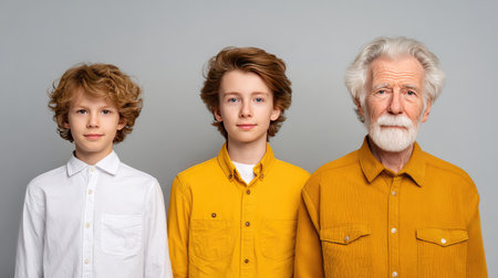 Generational portrait of a family trio in vibrant yellow shirts, emphasizing love and connection across ages, capturing moments of joy and unity in a studio environment.の素材