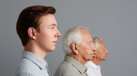A compelling side profile image showcasing a young man and two elderly men, emphasizing the contrasts and connections of different generations against a minimalistic backdrop.の素材