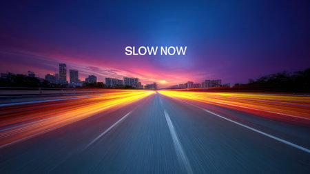 Captivating image of a city road at sunset, showcasing vibrant colors and blurred lights. Perfect for themes of travel, urban life, and evening adventures.の素材