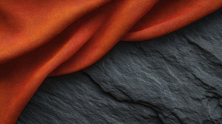 A stunning orange fabric elegantly drapes over a dark slate surface, creating a beautiful contrast that enhances both textures, perfect for interior design inspiration or textile art.の素材