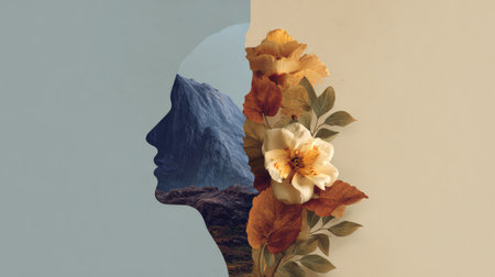 This artistic image captures a silhouette combined with natural elements, highlighting the connection between human emotion and the beauty of nature, promoting tranquility and harmony.の素材