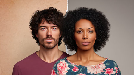 A powerful portrait of a diverse couple, emphasizing love and connection through their expressions and stylish attire against a subtle background, capturing contemporary relationships.の素材