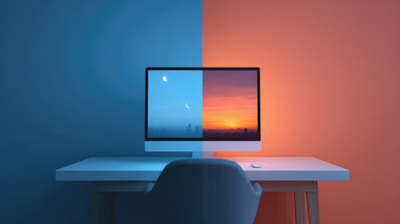 This image captures a modern workspace with a split color wall, showcasing a computer screen displaying stunning night and day landscapes perfect for creative inspiration.の素材