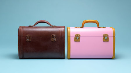 A unique pair of suitcases featuring a classic brown design and a playful pink style, showcasing diverse travel aesthetics against a calming blue backdrop.の素材