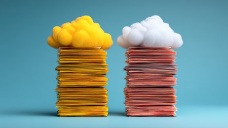 A striking visual featuring stacks of colorful paper topped with fluffy cotton clouds, symbolizing creativity and imagination in a vibrant business landscape.の素材