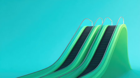 This image features three shiny green slides set against a vibrant turquoise background, perfect for illustrating playful environments in parks or recreational areas.の素材