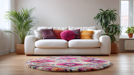 A bright and inviting living room featuring a cozy white sofa adorned with colorful pillows, accented by plants and a decorative rug, creating a perfect home decor inspiration.の素材