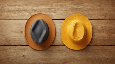 A striking overhead view of a gray felt hat paired with a vibrant yellow straw hat on a rustic wooden surface, ideal for summer fashion inspiration or accessory promotion.の素材