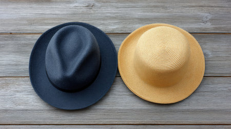 Two stylish hats are displayed on a rustic wooden surface, showcasing contrasting materials and colors, ideal for fashion-related projects or summer-themed visuals.の素材