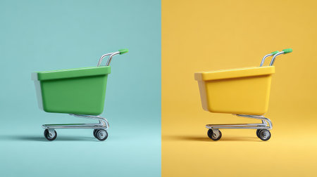 Bright green and yellow shopping carts positioned against contrasting backgrounds, perfect for representing retail themes, marketing concepts, and playful consumerism in promotional materials.の素材
