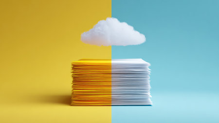 An abstract visual representing the contrast between physical documents and digital storage through vibrant colors and cloud imagery. Perfect for digital and office themes.の素材
