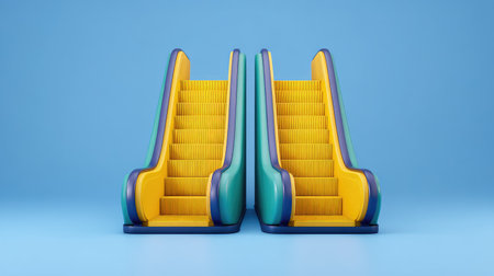 A vibrant illustration of two escalators in bright colors set against a minimalist blue backdrop, showcasing modern design and contemporary aesthetics for retail or commercial spaces.の素材