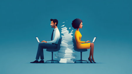 A striking illustration depicting two professionals focused on their work, separated by a wall of paperwork. This scene highlights themes of teamwork and individual productivity in a modern office environment.の素材