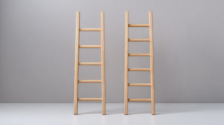 Two identical wooden ladders positioned side by side against a soft gray background, showcasing clean lines and a minimalist aesthetic for stylish home decor ideas.の素材
