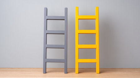 This image showcases two colorful wooden ladders in gray and yellow set against a minimalist background, perfect for inspiring modern decor and creative design ideas in any space.の素材